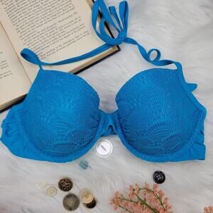 Aerie Blakely Push Up Halter Lace Swim Top Turquoise Blue 36B
